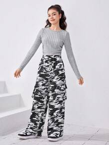 SHEIN 少女純色 T 恤和迷彩印花闊腿褲 - 灰色 - 查看 4