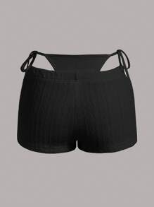 SHEIN ICON 素色腰部鏤空短褲 - 黑色 - 查看 2