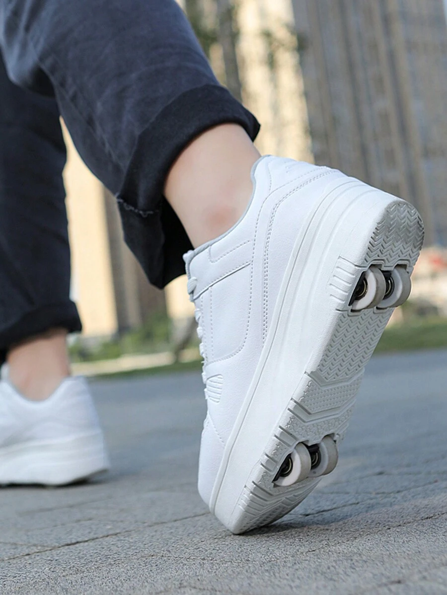 Upgraded Four-wheel Skating Sneakers With Leather Upper For Kids, Autumn & Winter - White - View 1