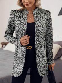 SHEIN Clasi Impressão De Zebra Listrada Botão Frontal Casaco