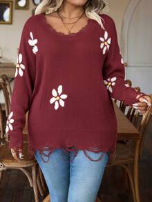 Calvaya 加花卉圖案落肩仿舊毛衣 - 酒紅色 - 查看 4