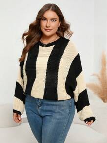 SHEIN LUNE Plus Two Tone Drop Shoulder Sweater Knit Pullover Fall Winter Sweater - Multicolor - View 6
