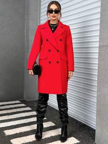 SHEIN Essnce 西裝領雙排釦花呢外套 - 紅色 - 查看 5