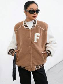 GENKIRA Letter Patched Striped Trim Drop Shoulder Teddy Varsity Jacket Fall Cloth For Women - Multicolor - View 6