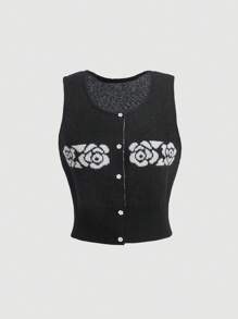 SHEIN MOD 花朵圖案正面鈕扣針織背心（無襯衫） - 黑色 - 查看 1
