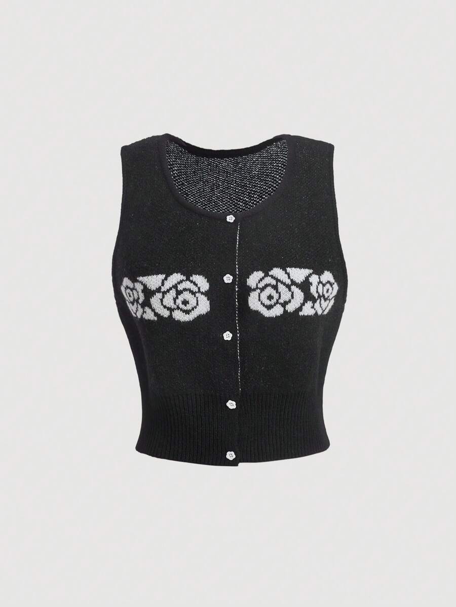 SHEIN MOD 花朵圖案正面鈕扣針織背心（無襯衫） - 黑色 - 查看 1