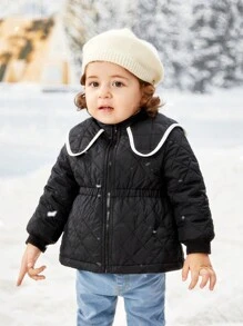 SHEIN Baby Girl Contrast Binding Zipper Wave Quilted Coat - Black - View 5