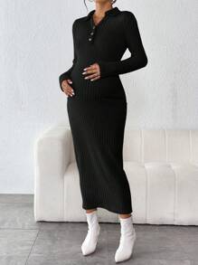 SHEIN Vestido premamá ajustado de punto acanalado con un cuarto de botones - Negro - Ver 3
