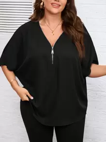 SHEIN LUNE 加半拉鍊蝙蝠翼袖襯衫 - 黑色 - 查看 2