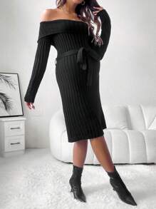 SHEIN Maternidad Vestido de punto de hombros descubiertos doblado con cinturón