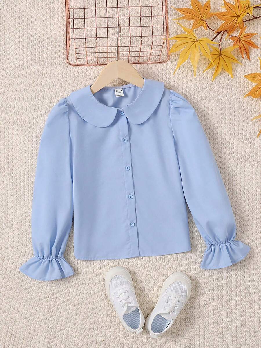 SHEIN 女大童彼得潘領喇叭袖襯衫 - 淺藍色 - 查看 1