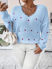 Calvaya Plus Heart Embroidery Eyelash Lace Trim Drop Shoulder Sweater - Mint Blue - View 4