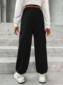 SHEIN Tween Girl Letter Graphic Flap Pocket Side Drawstring Waist Sweatpants - Black - View 2