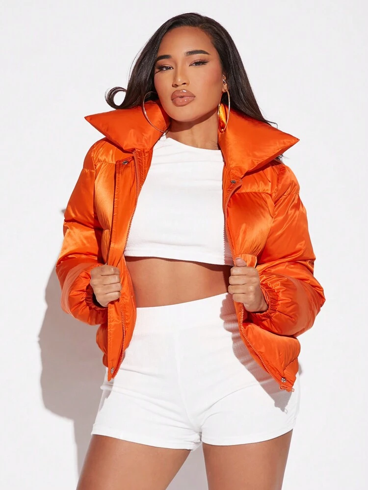 Solid Zip Up Padded Coat For Winter