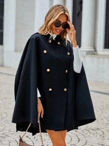SHEIN Clasi 雙排扣斗篷袖大衣 - 黑色 - 查看 4