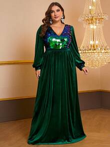 YISIKADO Plus Contrast Sequin Lantern Sleeve Velvet Prom Dress - Multicolor - View 5