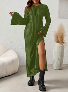 SHEIN 孕婦荷葉袖高衩洋裝 - 綠色 - 查看 4