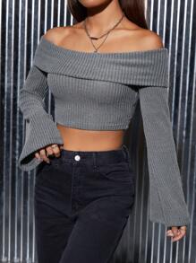 SHEIN PETITE 一字肩喇叭袖短款T恤 - 灰色 - 查看 4