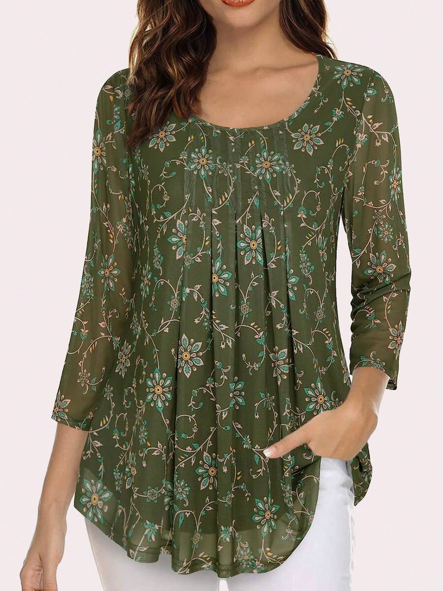 CheersLife 波西米亞褶皺面料花卉印花 植物 全身印花女士襯衫 - 軍綠色 - 查看 1