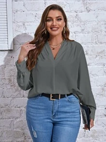 SHEIN Essnce 大碼素色燈籠袖襯衫 - 灰色 - 查看 3