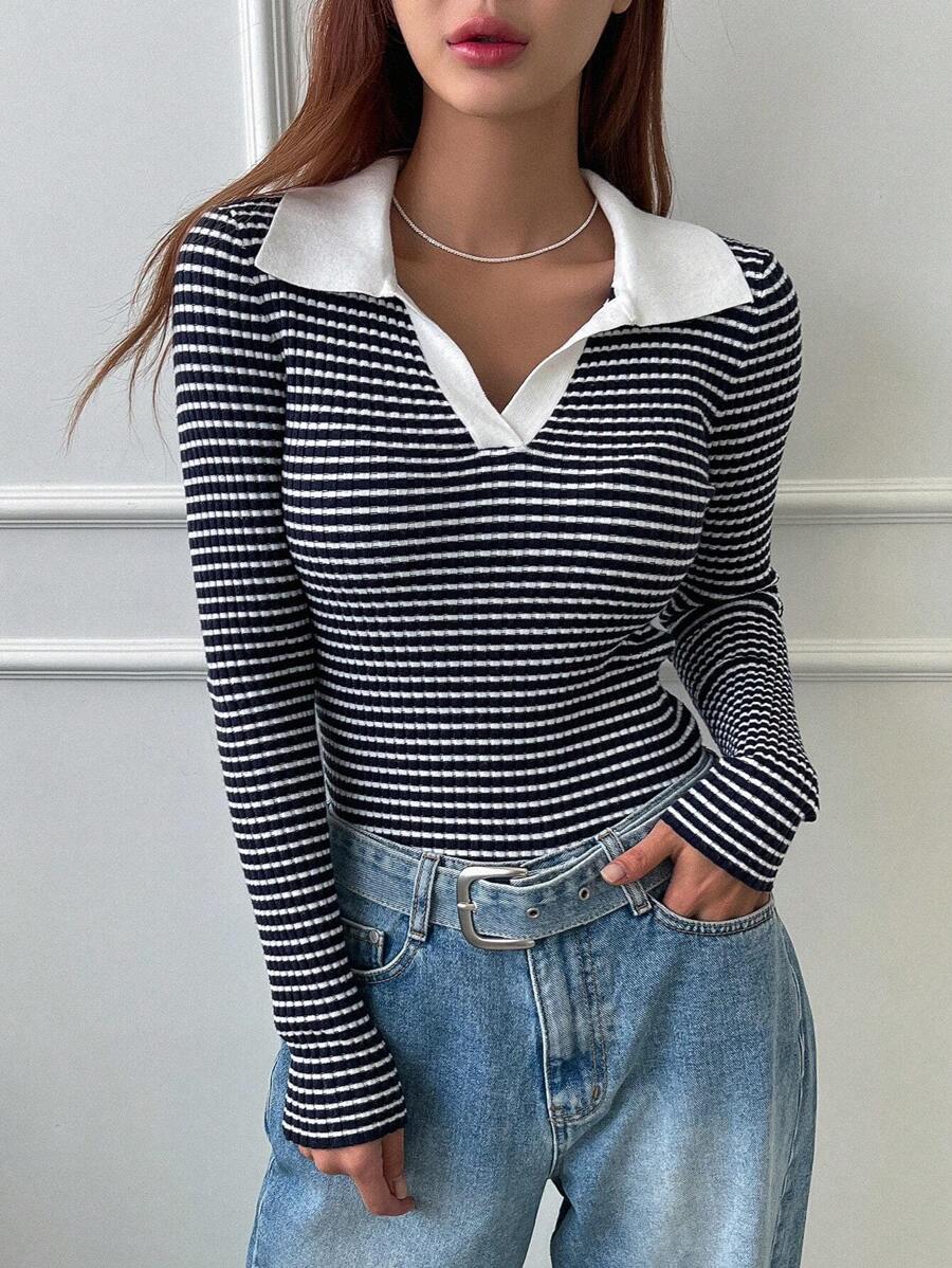 DAZY 条纹撞色领毛衣，秋装 - 藍白色 - 查看 1