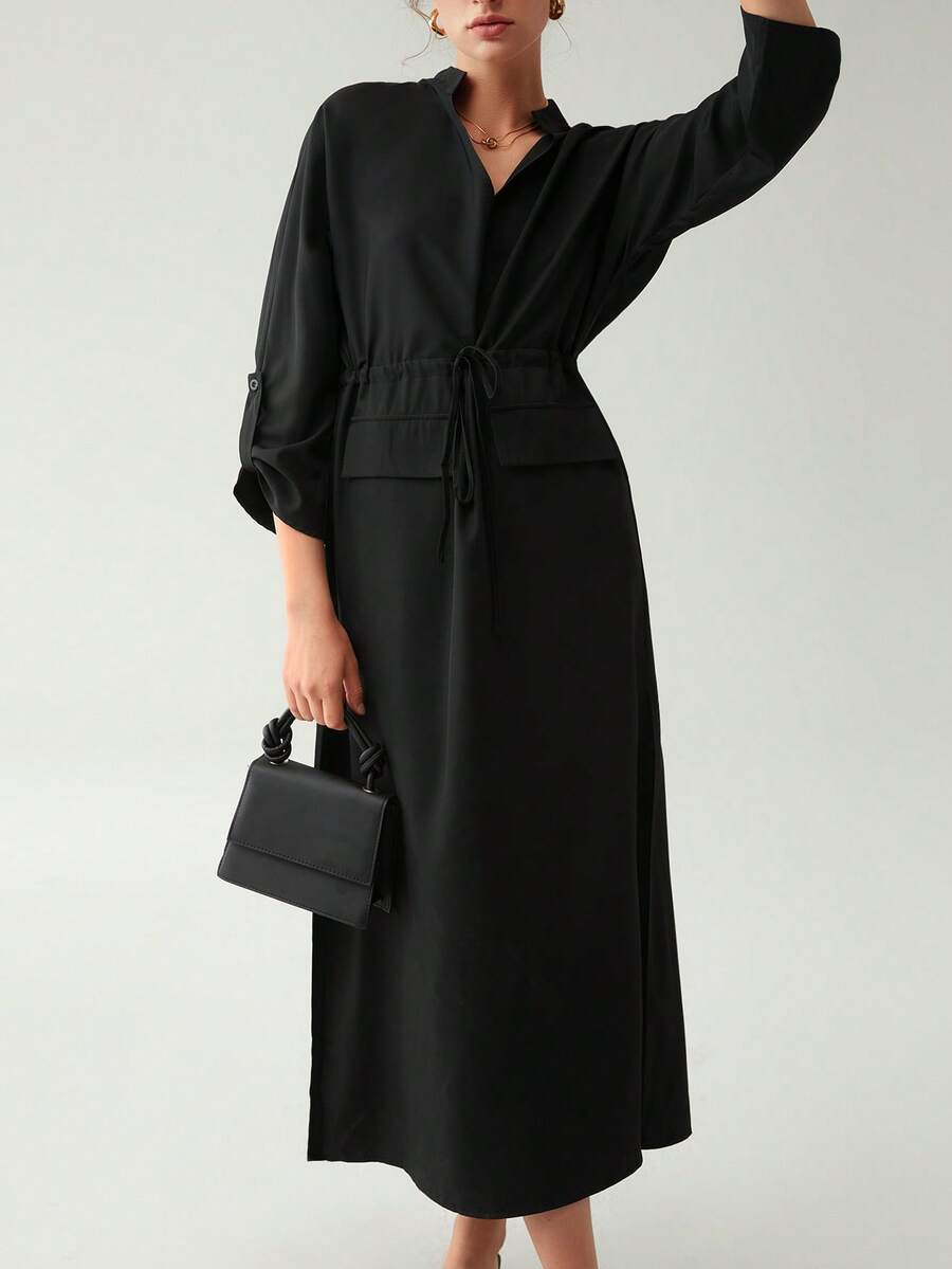 Chiquease Tay áo cuộn Eo dây rút Đầm - màu đen - Xem 1