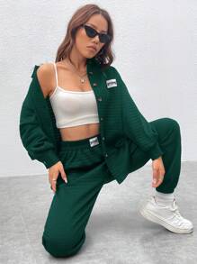 SHEIN EZwear 字母貼片落肩襯衫和運動褲 - 墨綠色 - 查看 1