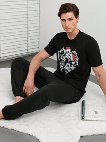 RueChic Men Skeleton Print Lounge Set - Black - View 3