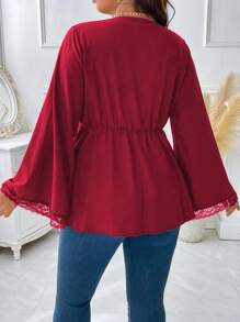 Celure Plus Contrast Lace Flare Sleeve Overlap Collar Peplum Hem Blouse - Red - View 2