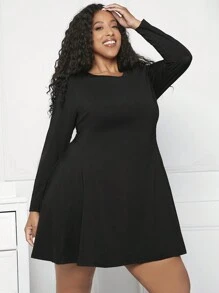 SHEIN CURVE+ Plus Solid A-line Dress - Black - View 2