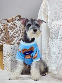 PETSIN 1 件法兰绒蓝色小熊印花宠物套头衫，冬季款 - 彩色 - 查看 5