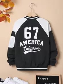 SHEIN Tween Boy Letter Graphic Two Tone Raglan Sleeve Thermal Lined Varsity Jacket - Black and White - View 5