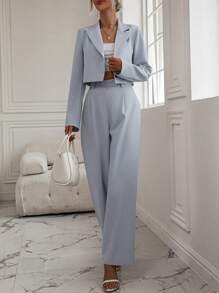 Pariaura Solid Lapel Neck Crop Blazer & Wide Leg Pants