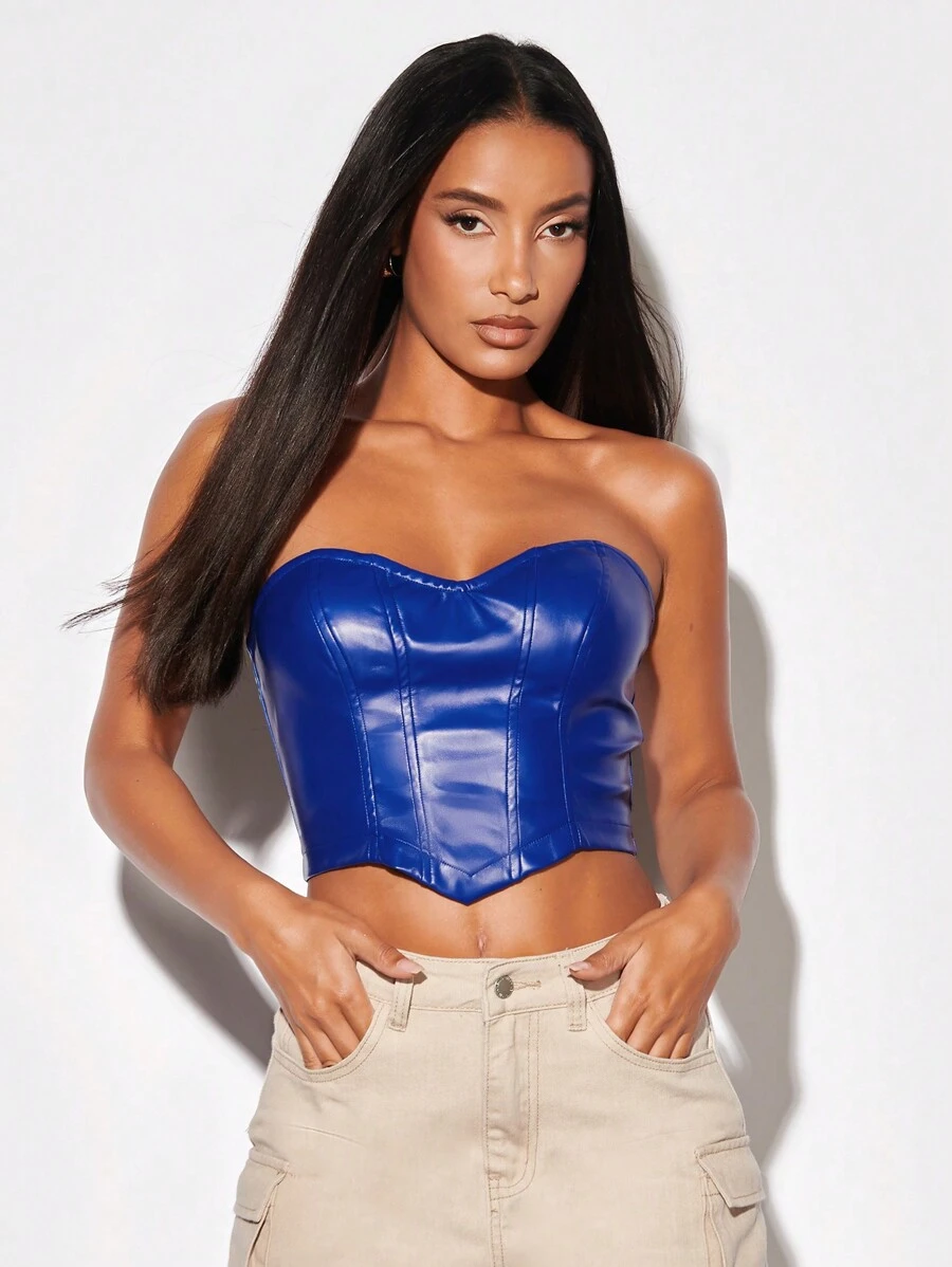 SHEIN BAE Solid Zip Up Hanky Hem Tube Top - Royal Blue - View 1