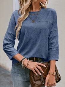 SHEIN LUNE Chất rắn Áo thun Thả vai - Màu xanh lam - Xem 3