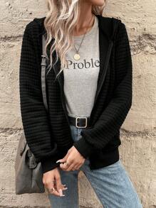 SHEIN Clasi 純色拉鍊連帽夾克 - 黑色 - 查看 1