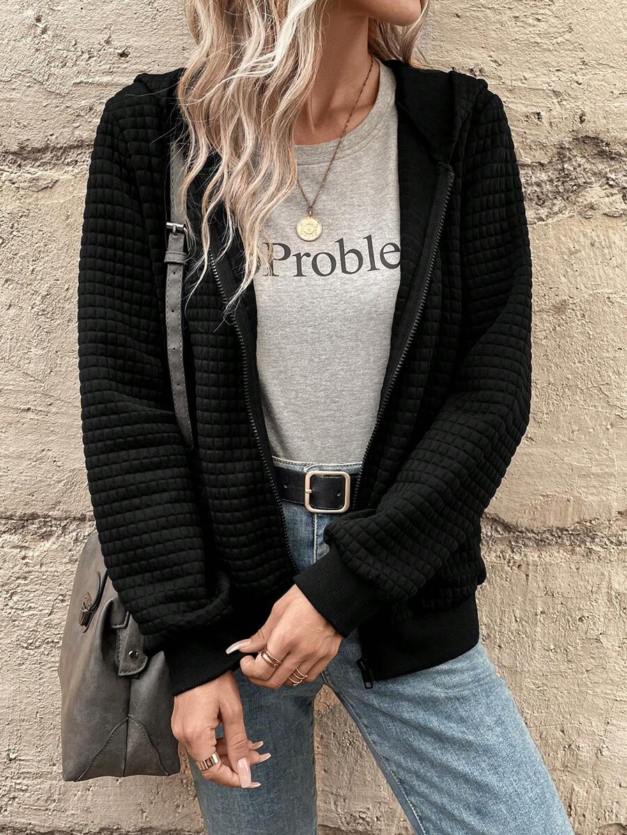 SHEIN Clasi 純色拉鍊連帽夾克 - 黑色 - 查看 1