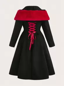 Flirla Plus Colorblock Contrast Fuzzy Trim Lace Up Back Overcoat - Black - View 1