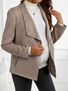 SHEIN Maternity Waterfall Collar Open Front Jacket - Khaki - View 3