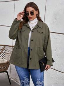 SHEIN LUNE Plus Flap Pocket Drop Shoulder Coat - Army Green - View 1