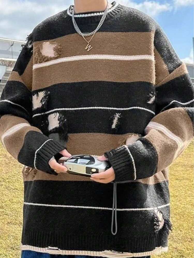 Men Striped Pattern Ripped Drop Shoulder Sweater