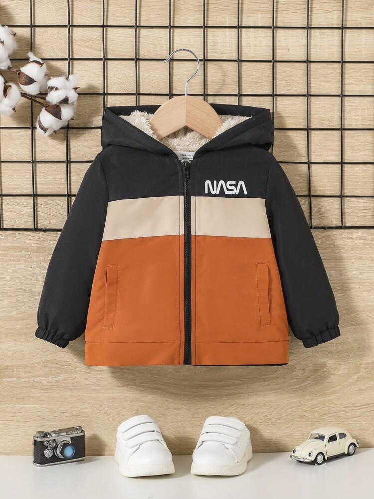 Baby Boy Letter Graphic Colorblock Thermal Lined Hooded Jacket