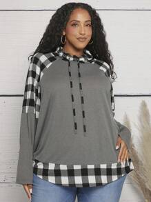 SHEIN CURVE+ Plus Size Plaid Raglan Sleeve Drawstring Sweatshirt - Multicolor - View 1