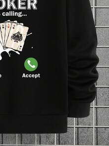Men Playing Card And Letter Graphic Thermal Lined Sweatshirt - Black - View 3