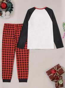 Men Christmas Print Raglan Sleeve Tee & Gingham Pants PJ Set - Multicolor - View 2