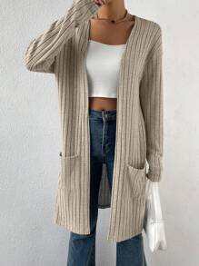 SHEIN Essnce Dual Pocket Drop Shoulder Open Front Coat In Fall/Winter - Khaki - View 4