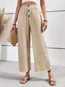 SHEIN VCAY 前紐扣闊腿褲 - 杏色 - 查看 1