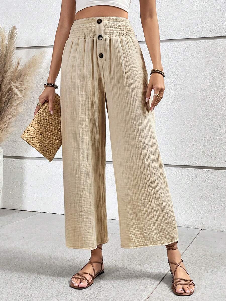 SHEIN VCAY 前紐扣闊腿褲 - 杏色 - 查看 1