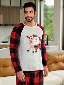 1pc Christmas Print Raglan Sleeve Tee & 1pc Buffalo Plaid Print Pants PJ Set / Pajama Set, Fall/Winter Clothes - Multicolor - View 5