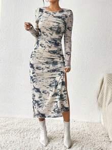 SHEIN Essnce 山水圖案高衩側收褶高衩洋裝 - 彩色 - 查看 5